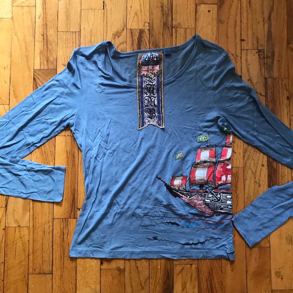 L.A.M.B. Pirate Ship Sheer Long Sleeve Tee Size Large
